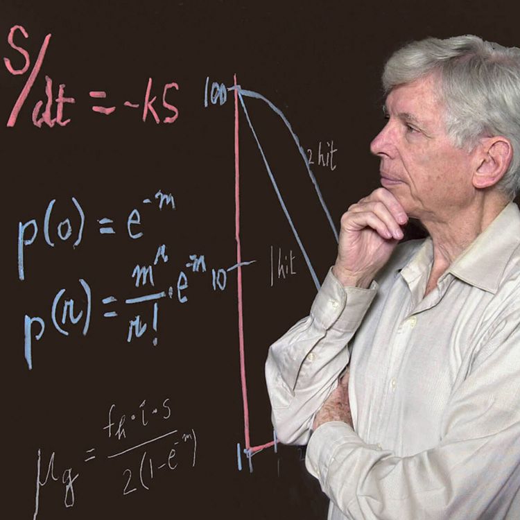Photo of Alfred G. Knudson Jr., MD, PhD studying equations on a chalkboard.