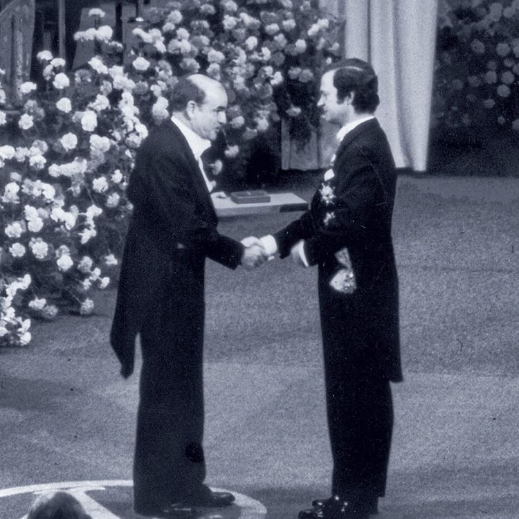Black and white photo of Baruch Blumberg, MD, PhD accepting the Nobel Prize.