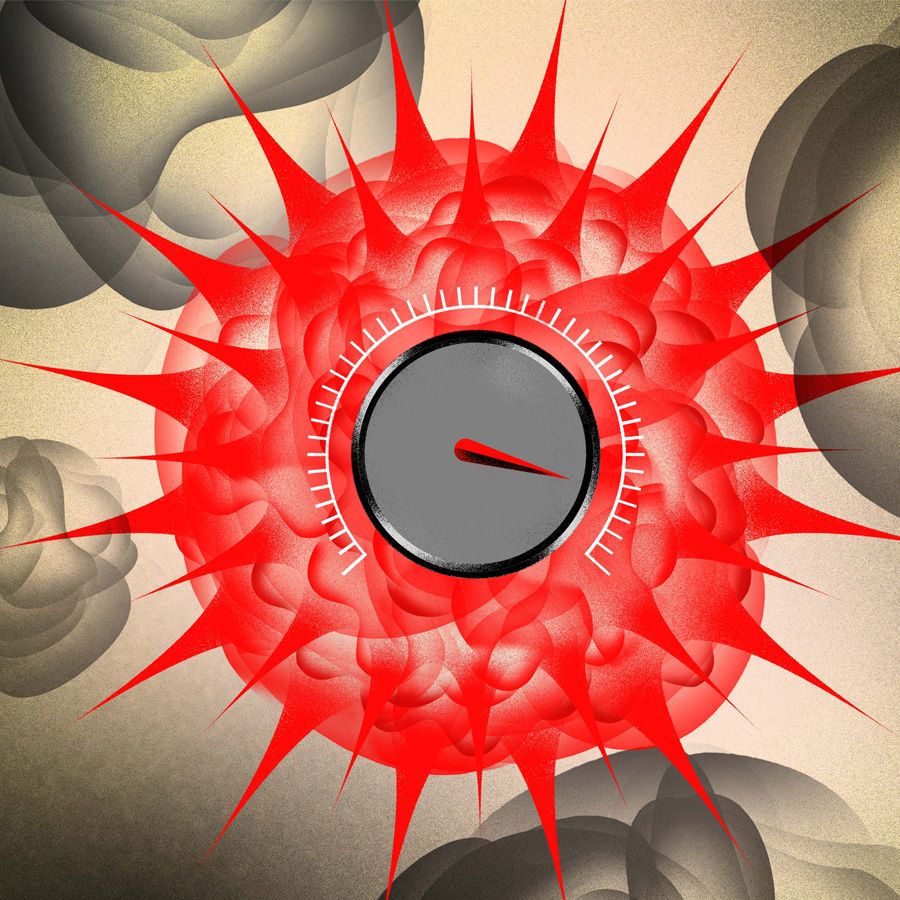 Illustration of a cancer cell with a tuning dial in the center.