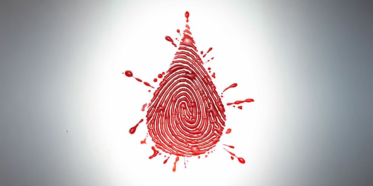 A red fingerprint shaped like a drop of blood, with splatters around it on a light gradient background.